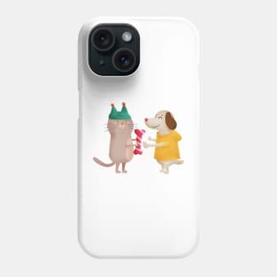 Illustration of a cat giving a bone to a dog as gift Phone Case