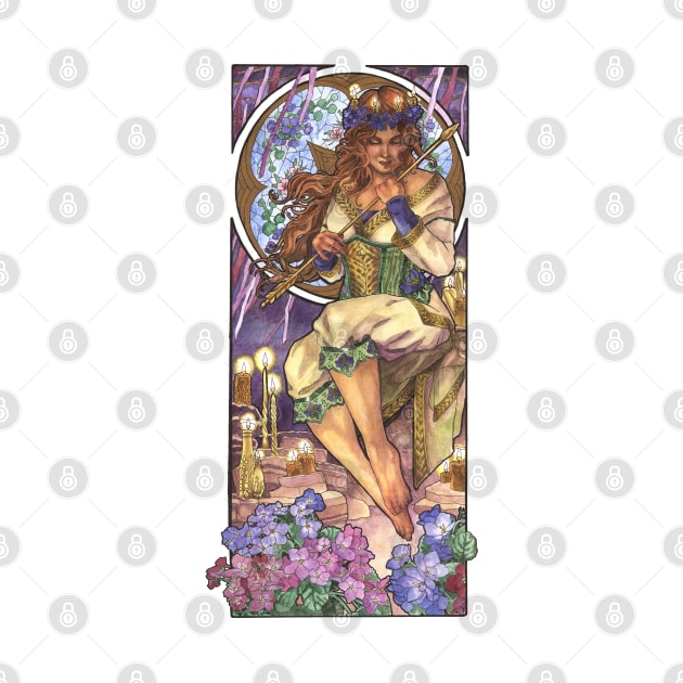 Lady of February Art Nouveau Birthstone and Birth Flower Mucha Inspired Goddess Art with Violets and Candles by angelasasser