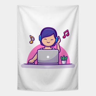 Girl Listening Music With Headphone And Laptop Tapestry