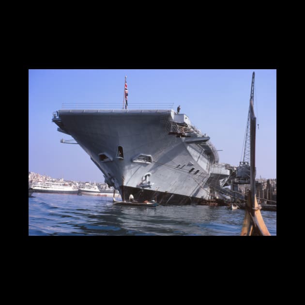 The bow (front) of the Royal Navy aircraft carrier HMS Hermes in the 1960s by ownedandloved