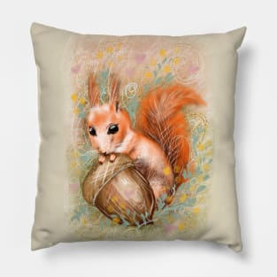Cute fluffy squirrel with an acorn. Pillow