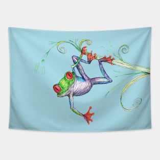 A tree frog hanging on a leaf Tapestry