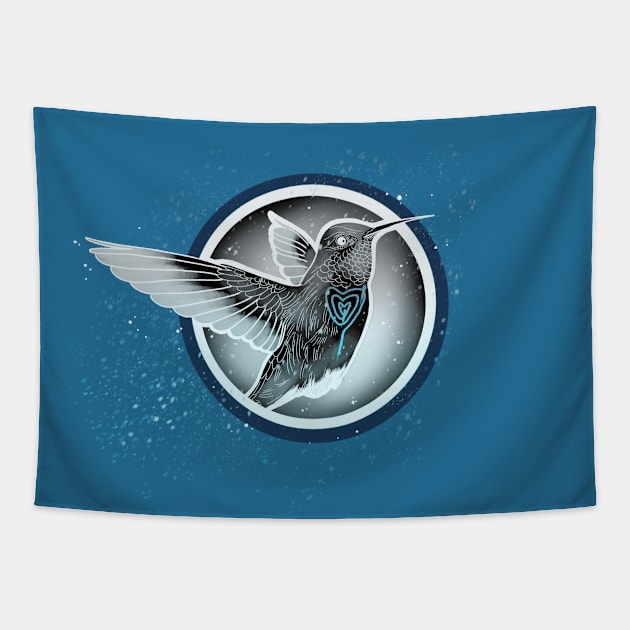 Humming bird with blue heart flying in the snow Tapestry by Blacklinesw9