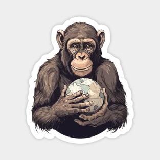 Earth Day, Earth Month and Everyday... A young cute ape holding the world in his hands with care. Magnet