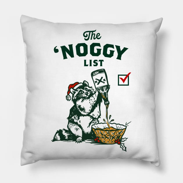 Funny Christmas Eggnog Drinking Santa Raccoon Pillow by The Whiskey Ginger