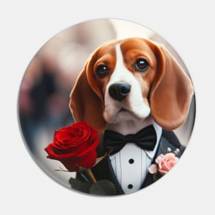 Beagle dog wearing formal wear tuxedo with red rose outdoors Pin