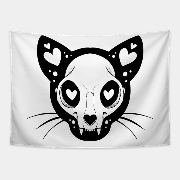 Skull kitty Tapestry by Jurassic Ink