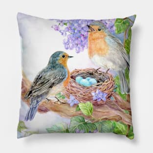 Robins with Nest and Eggs Pillow