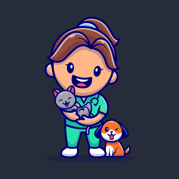 Cute Girl With Cat And Dog Cartoon by Catalyst Labs