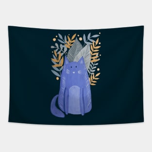 Cat and foliage - pastel autumn with dark background Tapestry