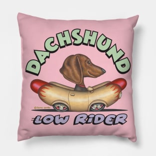 Classic Doxie Dog driving Lowrider with flames Wienermobile Pillow