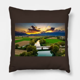 Pineios river sunset Pillow