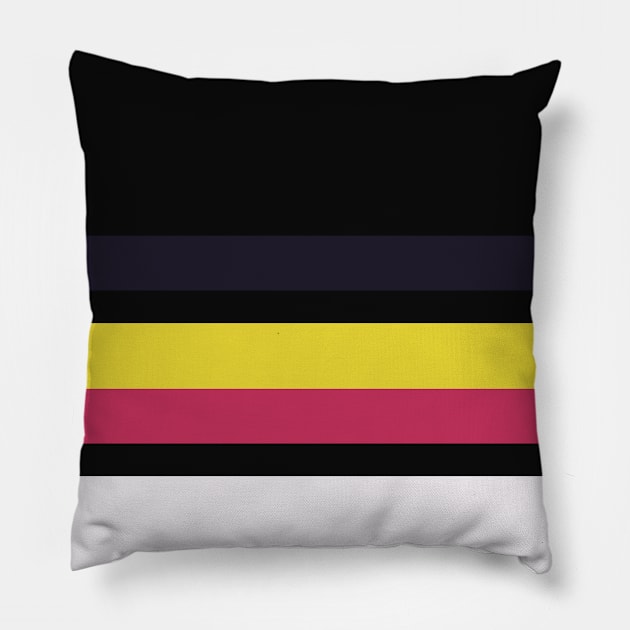 A sensational federation of Very Light Pink, Dark, Almost Black, Dark Pink and Piss Yellow stripes. Pillow by Sociable Stripes