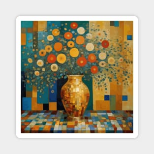 Colorful Abstract Flowers After Klimt in a Geometric Gold Vase Magnet