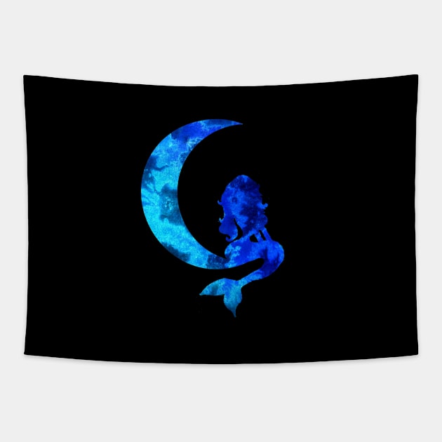 Blue Crescent Moon and Mermaid Silhouette Tapestry by ZeichenbloQ