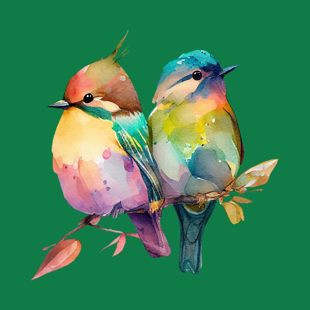 Two little colorful birds watercolor art by KOTOdesign