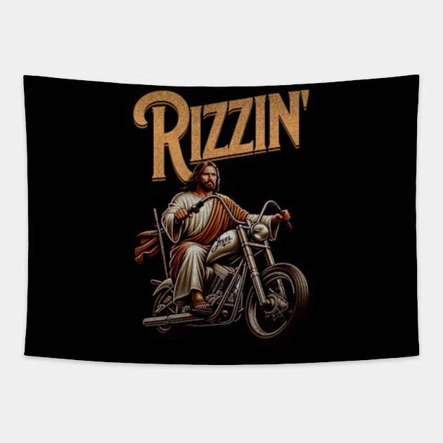 Jesus Christ on a Motorbike Rizzin' Jesus is Rizzen, Easter 2024 Funny Tees Tapestry by sarcasmandadulting