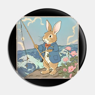 Funny Fishing Vintage Rabbit Fishermen Brown Bunny Relaxing Pin