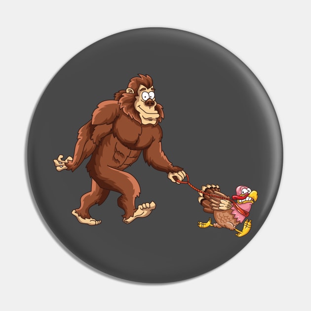 Funny Bigfoot Sasquatch Walking A Turkey Pin by ghsp