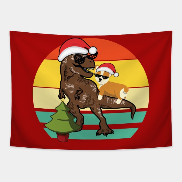 Corgi Riding T Rex with Christmas Tree Tapestry by XOZ