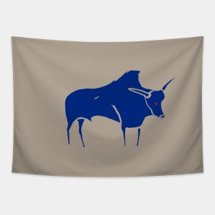 Cave line art of Aurochs in blue ink Tapestry