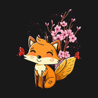 Fox Butterfly Flowers Japanese Cherry Blossom T-Shirt