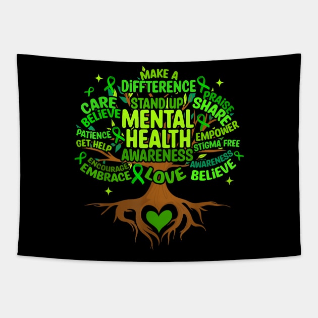 Mental Health Awareness Tree, Green Ribbon Tapestry by thavylanita