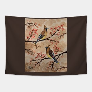 Cedar waxwing birds perched in a tree Tapestry