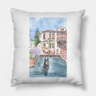 "Gondola in Venice" Watercolor and ink Illustration Pillow