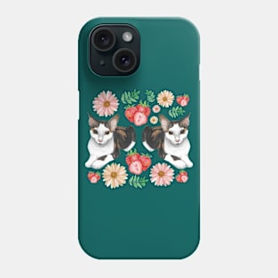 Calico Cat with Strawberries Daisies and Leaves Phone Case