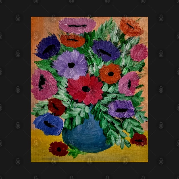 Some colorful poppies in a blue vase by kkartwork