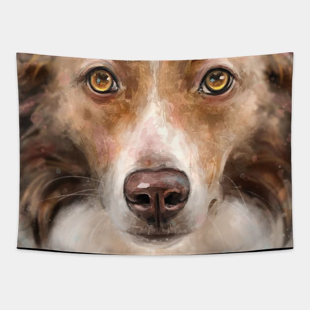 Close up Painting of a Gorgeous Brown and White Border Collie Tapestry by ibadishi