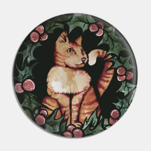 Orange Cat Christmas Holly Pin