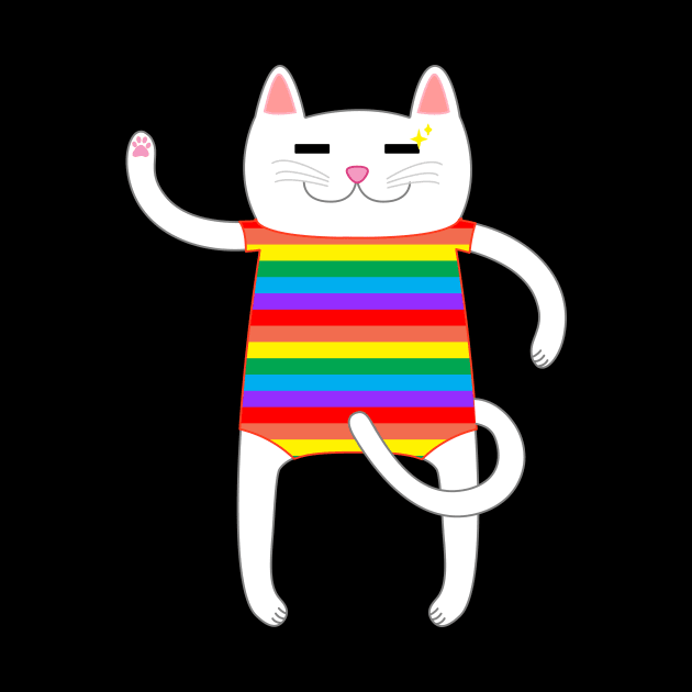 White Cat Wearing a Rainbow Striped Onesie One Piece Swimsuit by Babey Bog