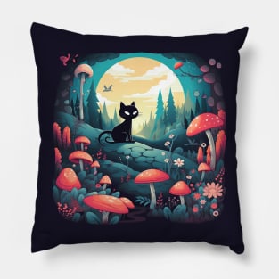 Mushroom Fairy Black Cat Landscape Pillow