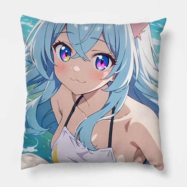 Anime Girl Beach Day Pillow by T-Shirt Paradise