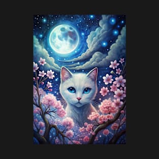 Moonlight Cherry Blossom Japanese White Cat T-Shirt