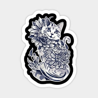 Playful Feline Amidst Floral Beauty - Monochromatic Cat Illustration Magnet