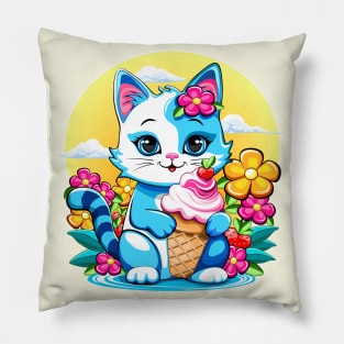 Kitty Cat Cute and happy Summer Cartoon Character with ice cream flowers and Strawberries Pillow