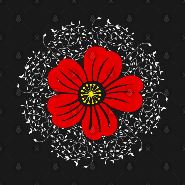 Beautiful red Japanese flower with mandala pattern by Mayathebeezzz