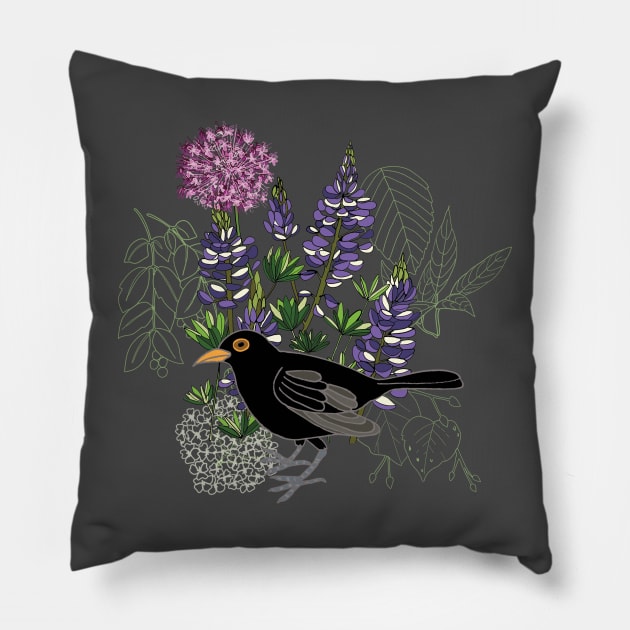 Blackbird in purple paradise Pillow by Naty Design Prague