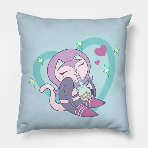 Witchy Kitty Cat Boba Tea Bubble Tea Kawaii Pastel Goth Pillow by BluVelvet