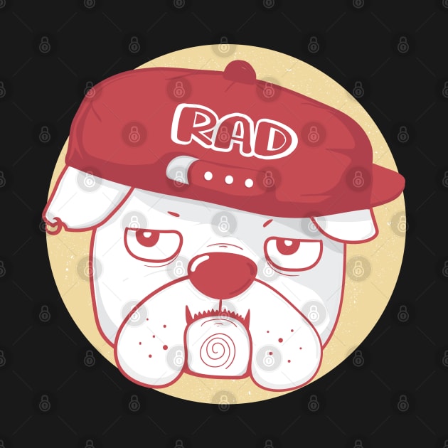 Grumpy face bulldog wears RAD baseball cap, cute doodle cartoon by Janatshie