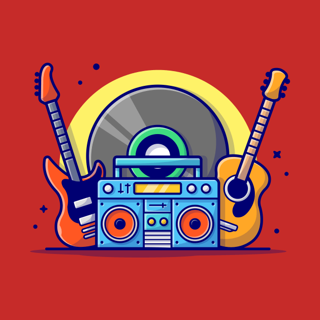 Music Instrument Concert Perform with Guitar, Boombox and Big Vinyl Music Cartoon Vector Icon Illustration by Catalyst Labs