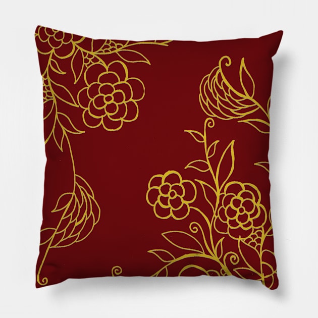 Red and Golden Floral Ornaments Pillow by ZeichenbloQ