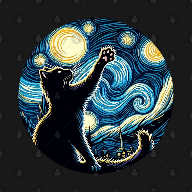 Cat in the night with star, impressionism, famous painting, Starry Night Style Van Gogh painting Cat Lover by Collagedream