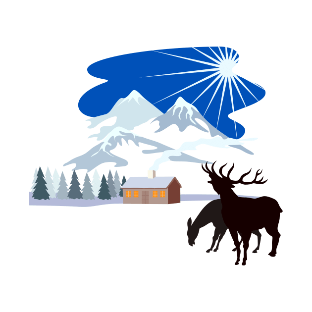 House in Winter Snow Mountains Deer Silhouette by retrovectors