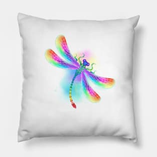 Rainbow dragonfly on watercolor background Pillow