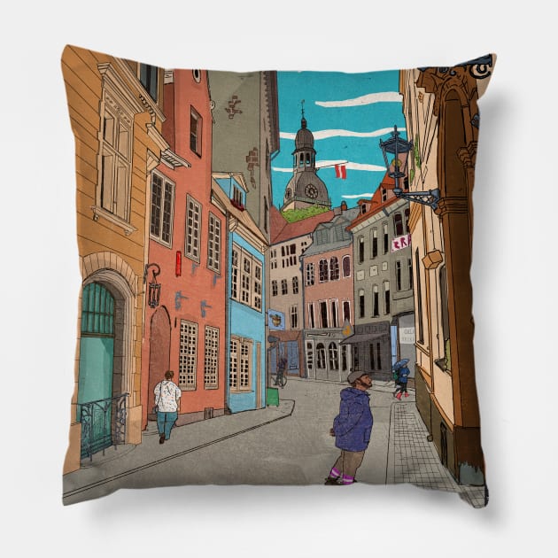 Downtown Riga Latvia Whimsical Retro Inspired Illustration Pillow by Wall-Art-Sketch