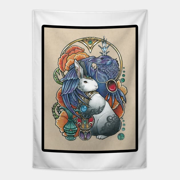 The Rabbit & Raven - Black Outlined Version Tapestry by Nat Ewert Art